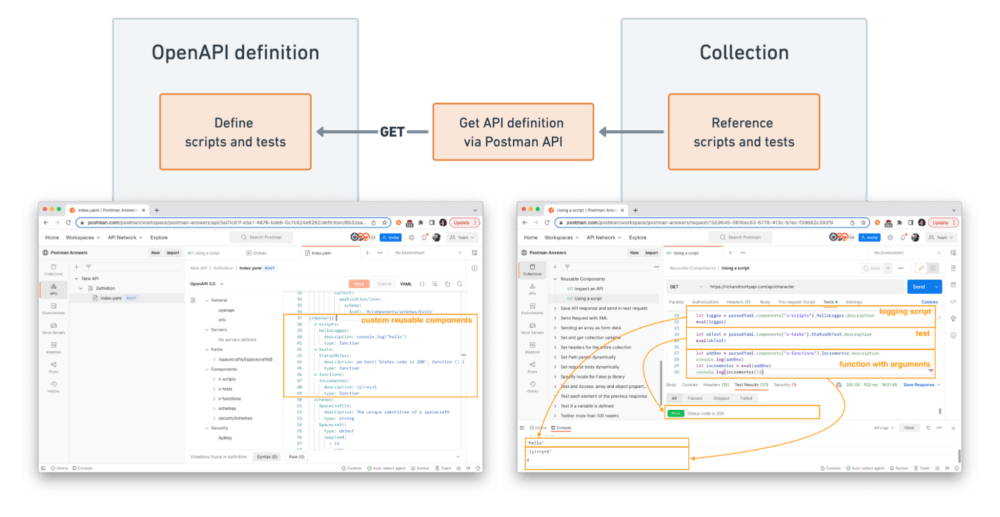 create scripts in OpenAPI reusable components and reference the scripts within a collection