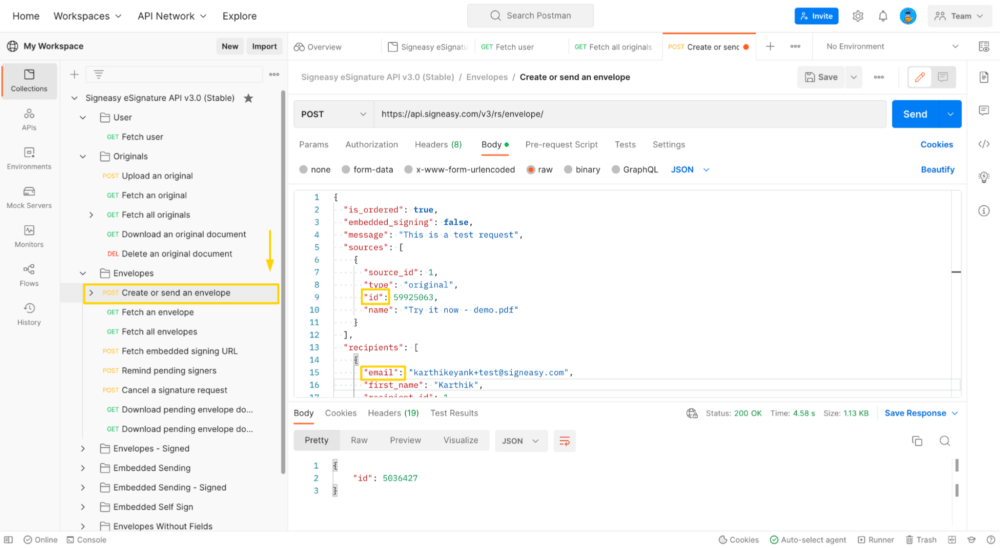 Replace the ID and email fields with your own values.