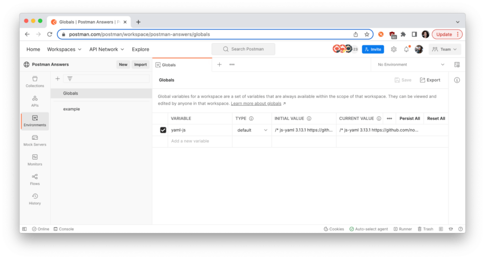 Store source code of external library as a global variable so it can be used in a Postman script