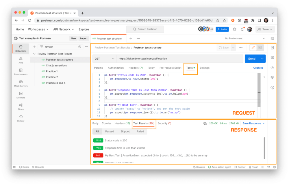 Tests written under the Tests section correspond to the Test Results section