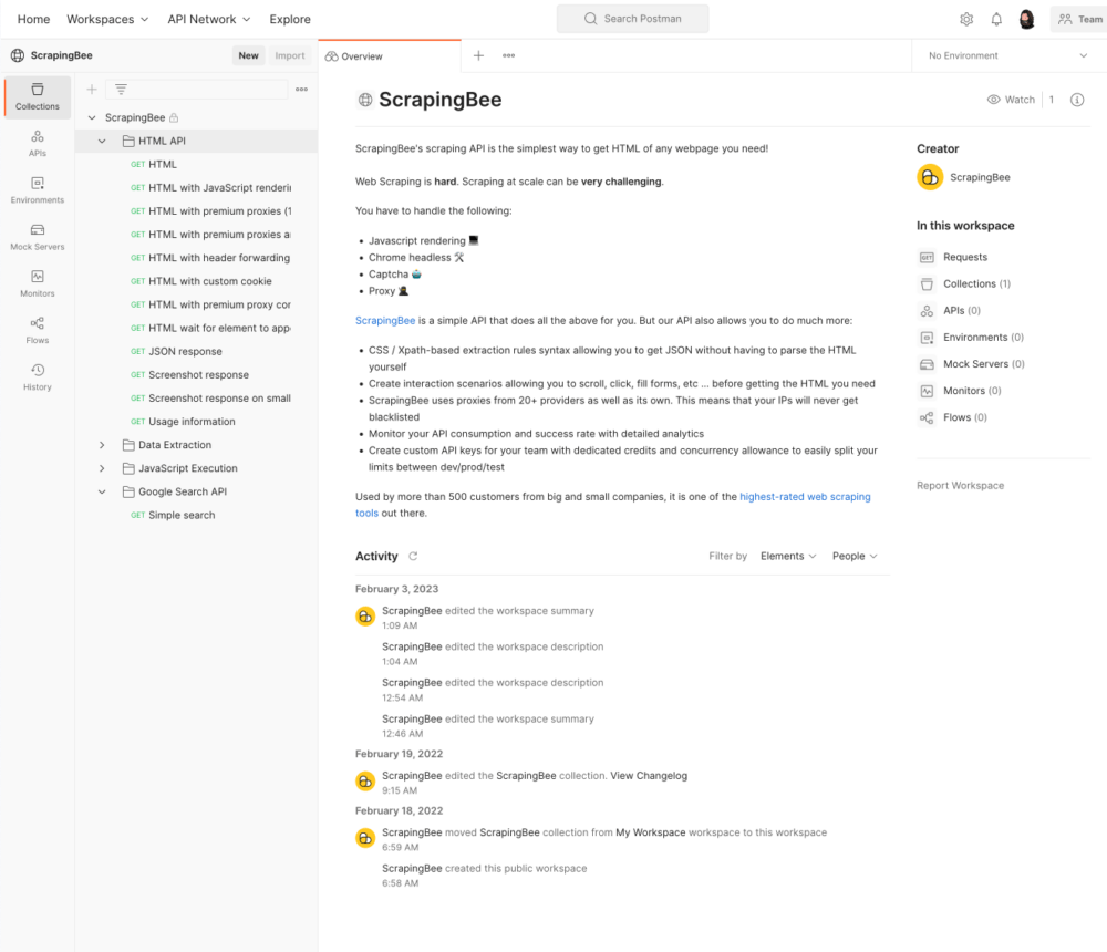 ScrapingBee workspace in the Public API Network