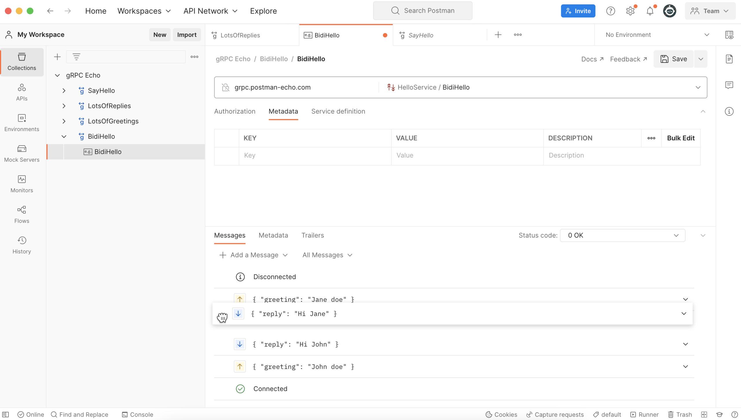 Reordering messages in a bidirectional streaming example