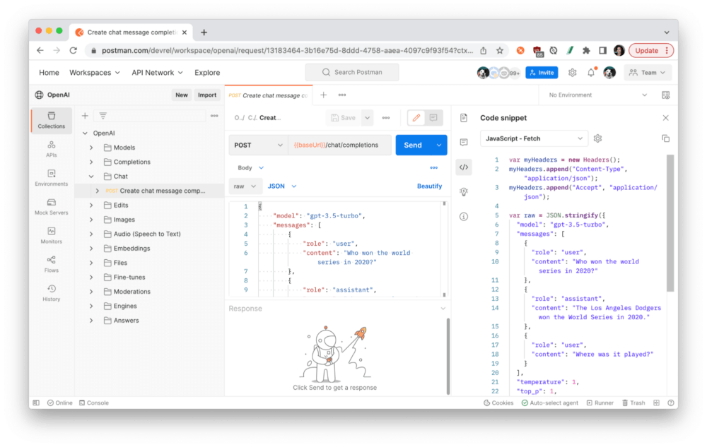 Generate a code sample of the API request to integrate into your own applications