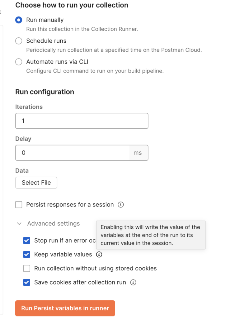 Configure the runner to Keep variable values to persist changes made during a ru