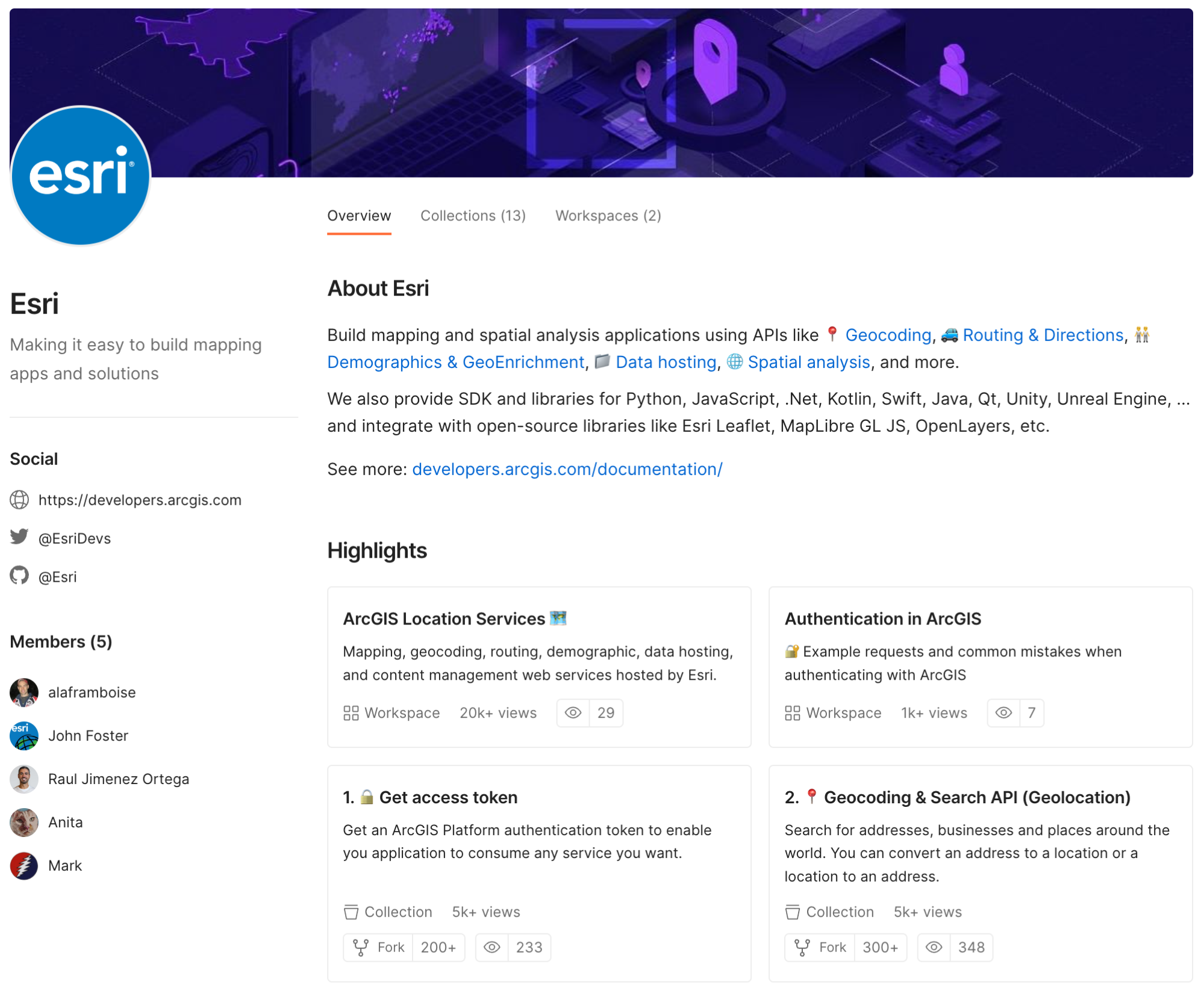 Esri describes their APIs and pins popular workspaces and collections
