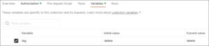 The "Variables" tab in Postman displaying the enabled "tag" variable